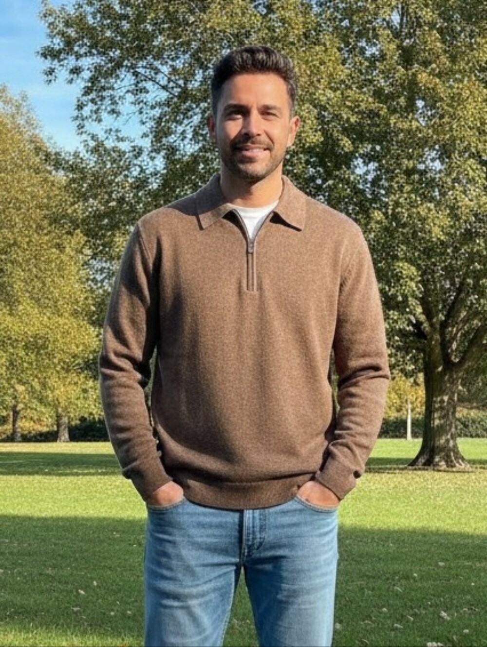 COS Men's Brown Zip-Neck Polo Sweater